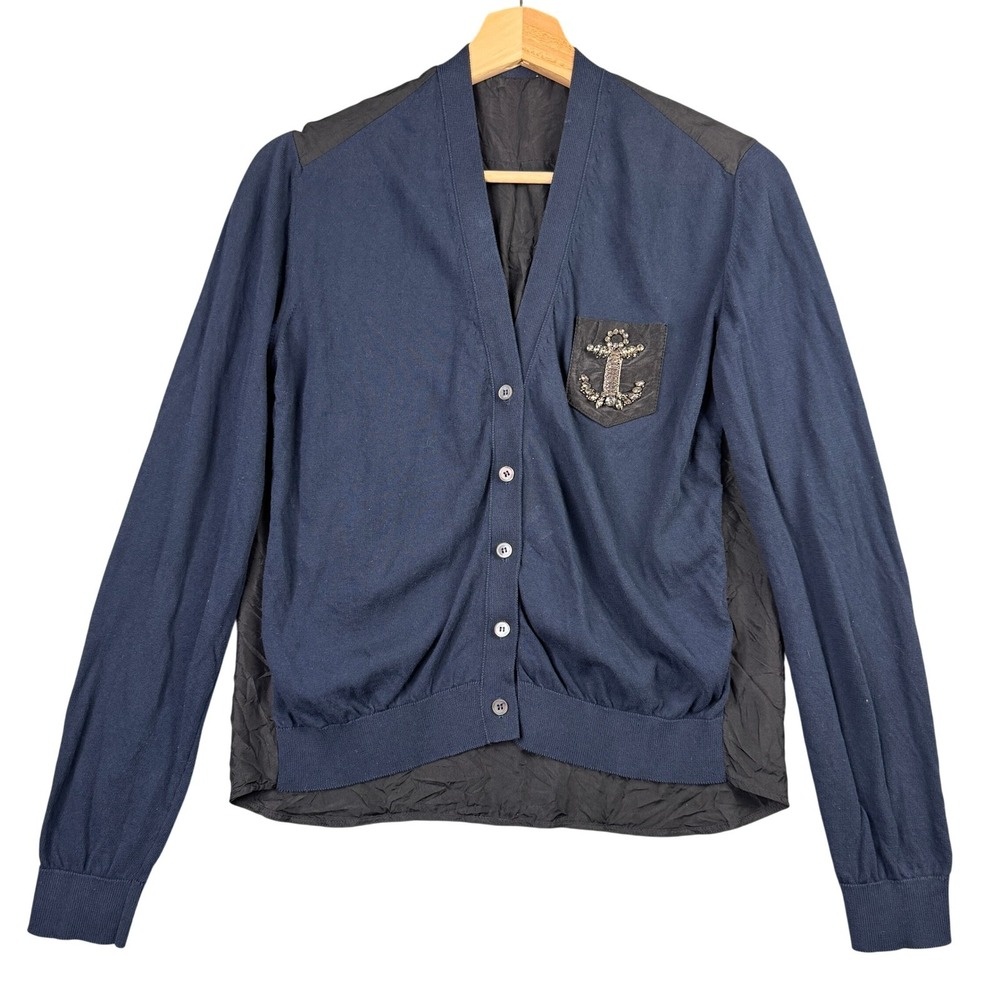 N°21 Numero Ventuno Navy Blue Crystal Anchor Embellished Cardigan Sweater IT 40